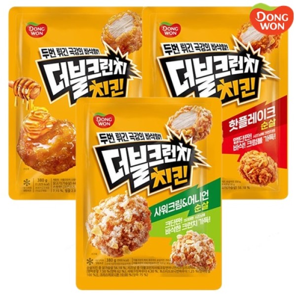 [동원] 더블크런치 치킨 380g x 3개입(스윗허니_핫플레이크 시즈닝_사워크림&어니언 시즈닝 중 택1)(총1,140g) 4) 스윗허니_핫플레이크_사워크림&어니언 각 1봉씩