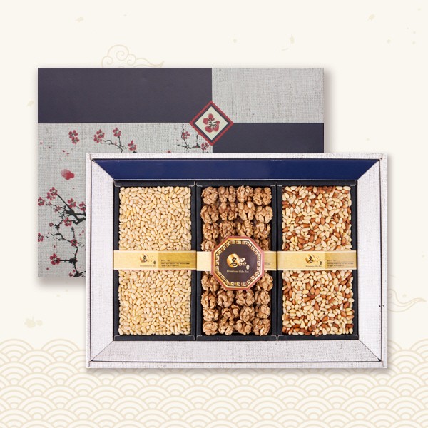 [브라이트데이] 사각 국내산 견과 선물세트(통호두180g + 백잣150g + 황잣150g)
