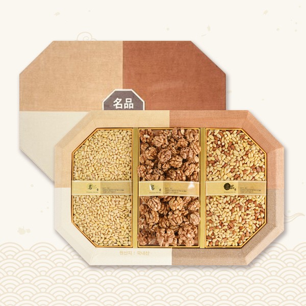 [브라이트데이] 팔각 국내산 견과 선물세트(통호두300g + 백잣200g + 황잣200g)